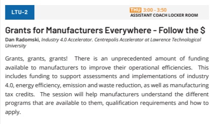 jamesvgingerich's tweet photo. #ManufacturingInAmerica.  Coming up at 3pm.  Grants for Manufacturers Everywhere - Follow the $!  LTU-2.   #MiA23 #Manufacturing https://t.co/xgOZWXFIm0