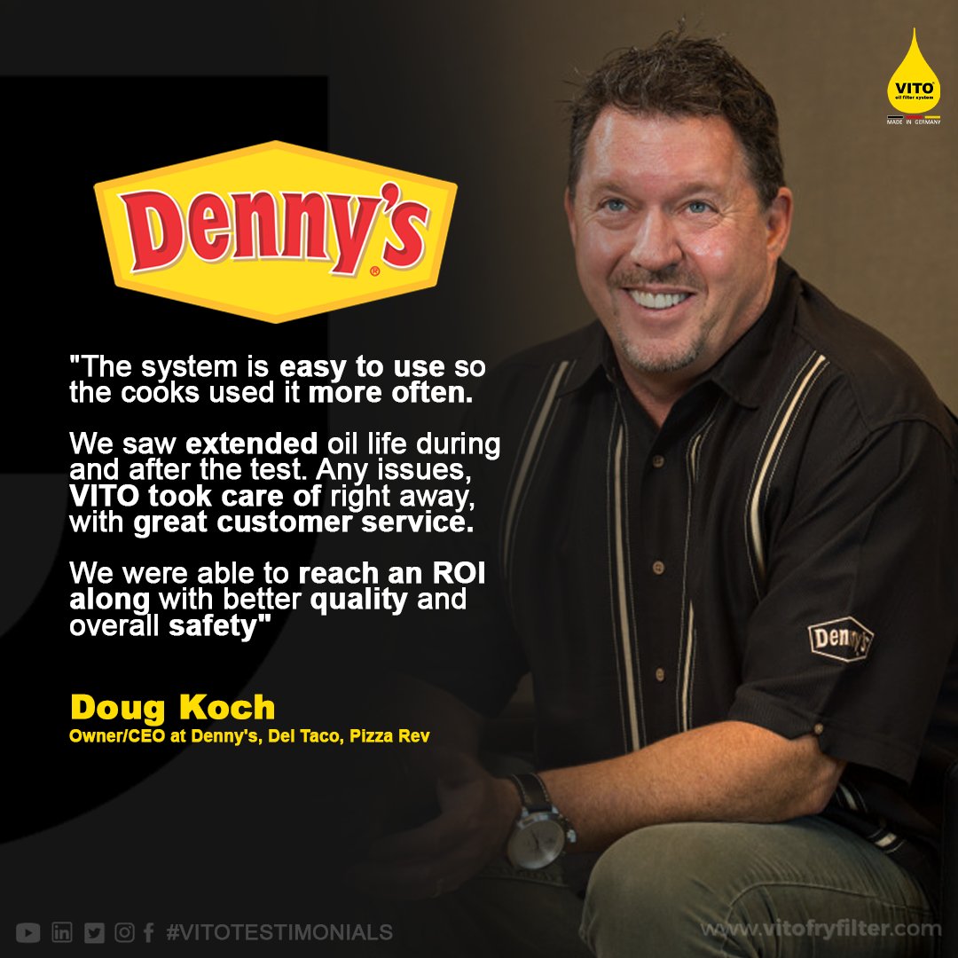 We 💛 our clients!  @DennysDiner 
Denny's has been one of our Key accounts and our partnership for decades.  😍
We have been working together as a worldwide reference, holding VITO machines nationwide.

#vitofilter #vitofryfilter  #VITOUS #oilfiltration #customerstestimonial