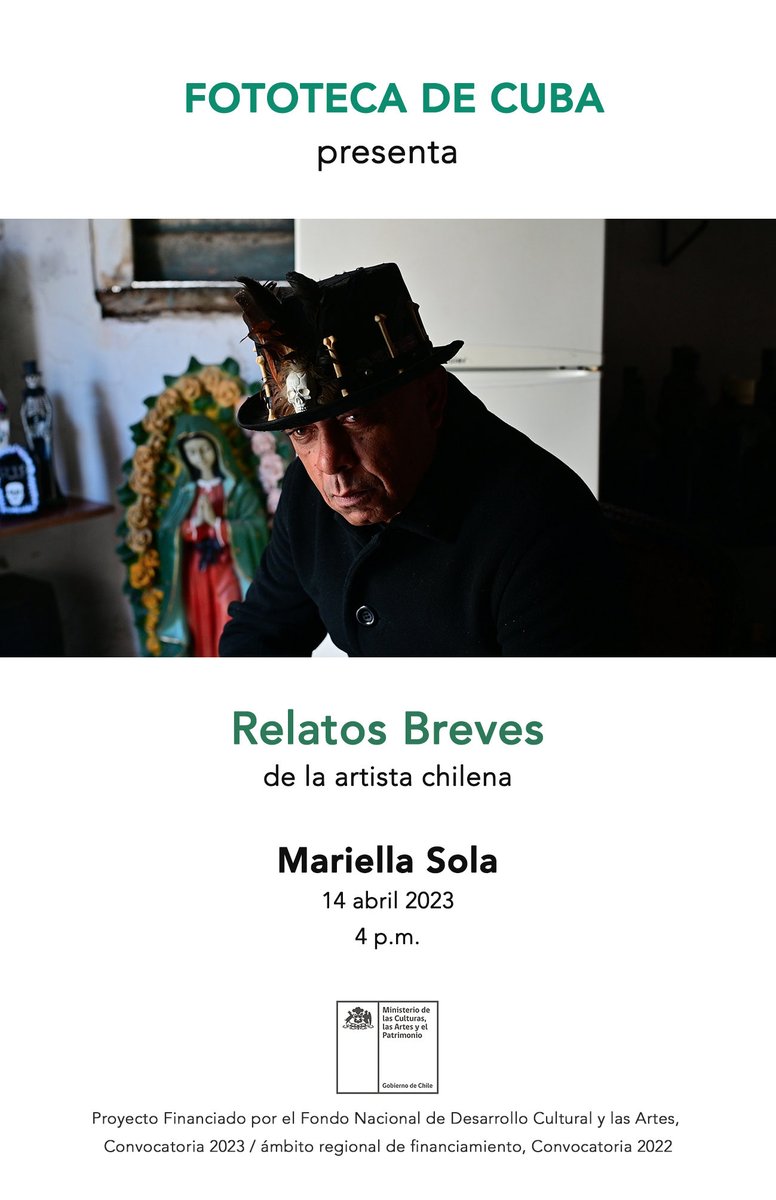 Atención ! Tenemos el agrado de compartir con Ustedes que el día de mañana, viernes 14 de abril la artista chilena Mariella Sola presentará su obra “Relatos Breves” a las 4.00 PM en la Fototeca de Cuba en Habana Vieja.