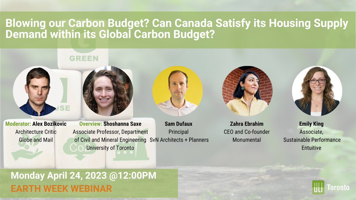 ULIToronto's tweet image. Construction accounts for 1/3 of the world’s greenhouse gas emissions annually and increasing. Join us on Apr.24th as we explore the innovative solutions led by Prof. Shoshanna Saxe at the UofT's Centre for the Sustainable Built Environment.
Register now:
on.uli.org/AOqV50NIHB3