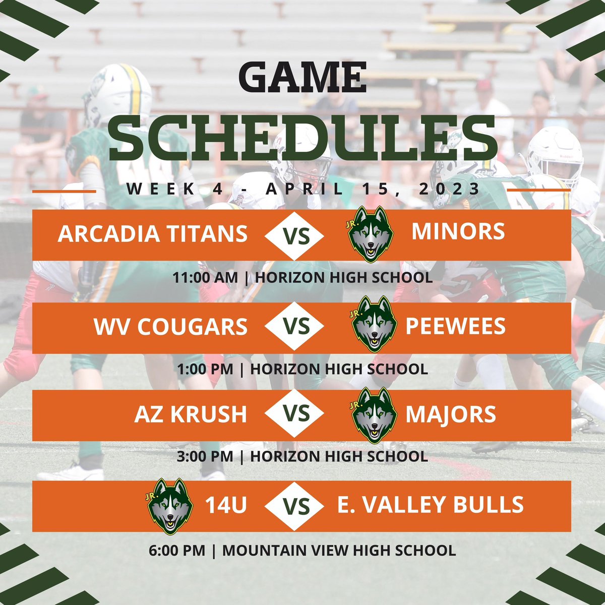 Week 4 - Game Schedule is here. We’re looking forward to another great Saturday of Jr. Husky football.
