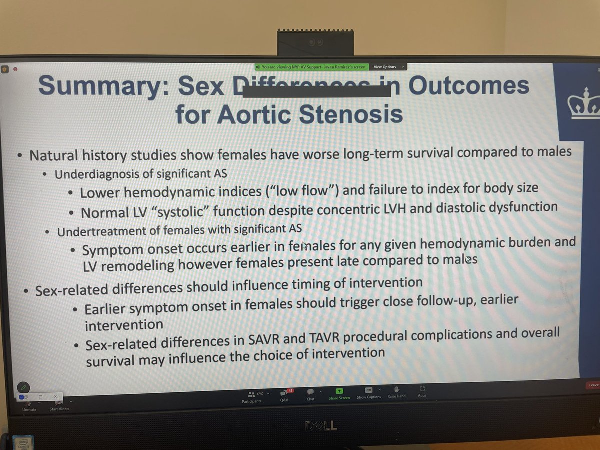 Important take home point about aortic stenosis from Dr. Rebecca Hahn… Refer your women patients when they have symptoms!!! #tavr #aorticvalve #WomensHealth