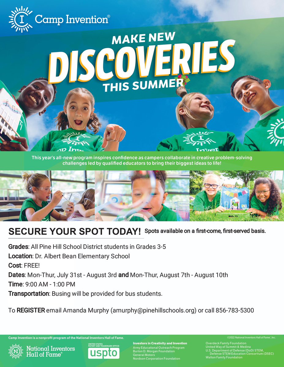 Limited Summer Camp Spaces available for Grades 3-5 Summer Camp Invention! 
Summer Camp runs July 31-August 10, 9am-1pm. *please note messages left at school offices will be returned when school reopens after Spring Break. Please email amurphy@pinehillschools.org to register.