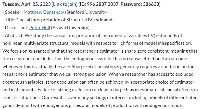 On Tuesday, 4/25, I'll be discussing a very interesting new paper on the causal interpretation of structural IV estimands (by Andrews, Barahona, Gentzkow, Rambachan, and Shapiro) at the Online Causal Inference Seminar. Check it out!

sites.google.com/view/ocis/home…