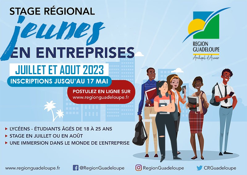 CRGuadeloupe's tweet photo. Vous êtes lycéens et étudiants âgés de 18 à 25 ans, et vous souhaitez effectuer un stage en entreprise durant les vacances scolaires de juillet ou août 2023? 👉Inscrivez-vous au « Stage Régional – Jeunes en Entreprise ». 

📍Tous les détails ici  ▶️▶️ https://t.co/PyXDbg1xAM https://t.co/40k60HHDEv