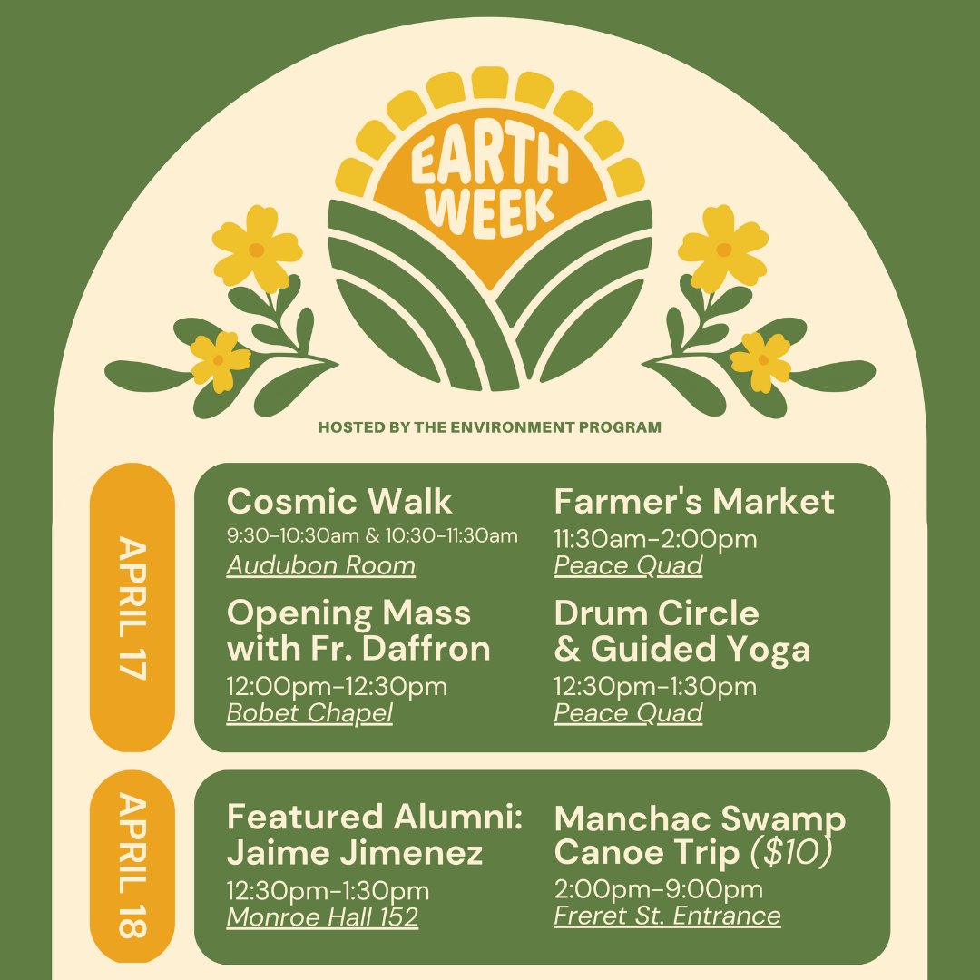 Loyola_NOLA's tweet photo. Next week is #EarthWeek! 🌍Check out all the cool events @LoynoEnva has coming up! 🍃

More Info: https://t.co/kLl3X0ALV2 https://t.co/5Xh47RlVVc