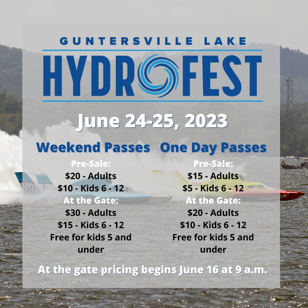General Admission tickets give you access to the venue and let you sit wherever you may deem fancy. All ticket prices will go up on June 16, so grab yours sooner rather than later! Click the link below to purchase yours today.

explorelakeguntersville.com/the-lake/hydro…

#GuntersvilleLakeHydroFest