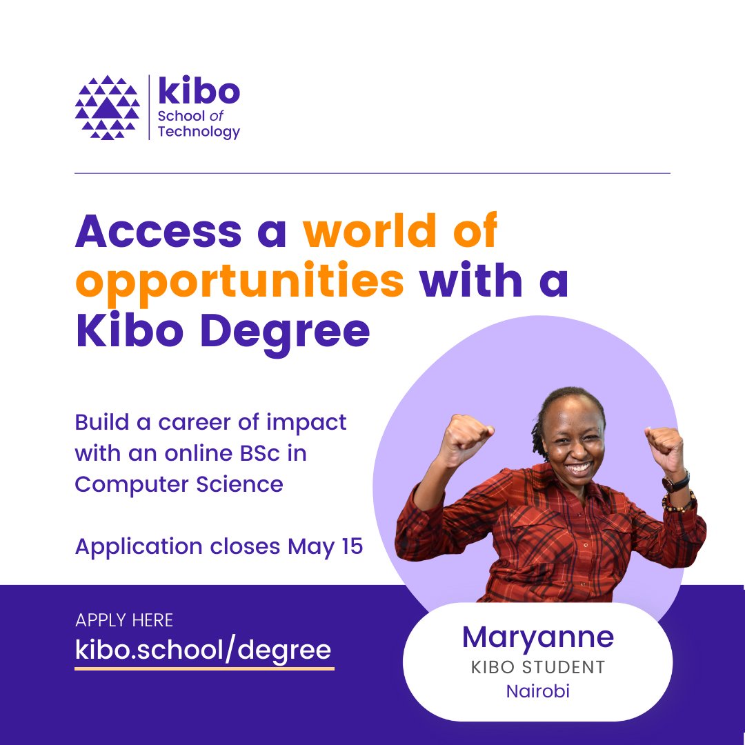 Application is open for Kibo’s computer science degree!🎓

They are in search of students in Nigeria (Abeokuta, Ibadan, Lagos), Ghana (Accra, Kumasi), &amp; Kenya (Nairobi) who are ready to become world-class technologists

Learn more and apply now: kibo.school/degree

#KiboDay