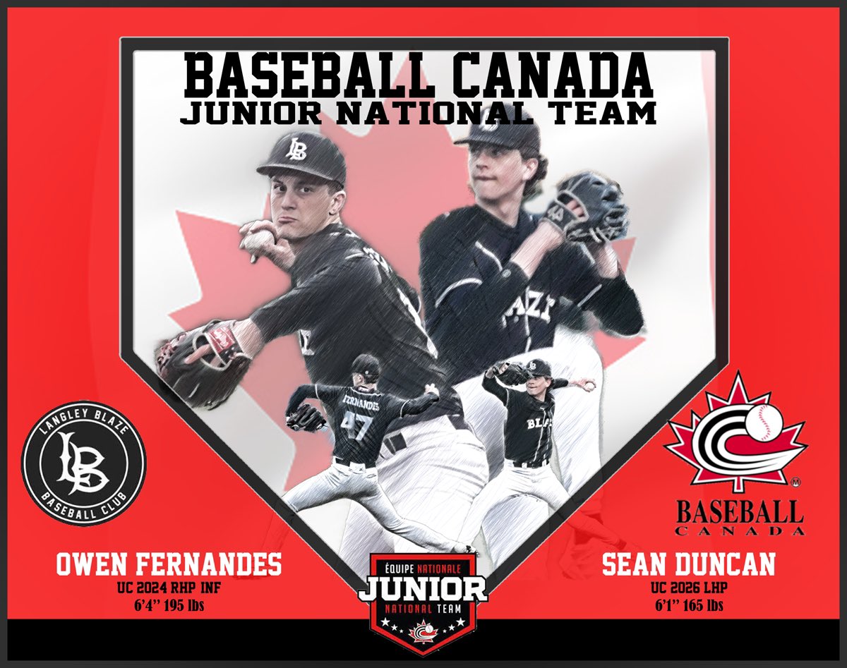 Langleyblaze's tweet photo. Congratulations to Owen Fernandes and Sean Duncan on being invited to the Canadian Junior National Team. 

@owenfernandes47 @SeanDBaseball08 https://t.co/bZWud3Aktt