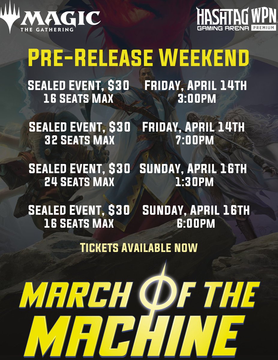 March of the Machine pre-release is starting tomorrow!  Get your tickets now at shophashtagarena.com/shop/events/17 #gaming #prerelease