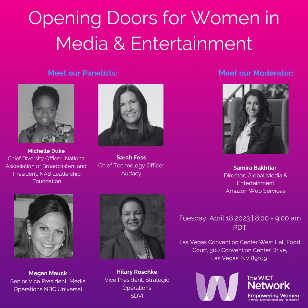 The WICT Network is excited to co-sponsor a Women in Media &amp; Entertainment Breakfast with Amazon Web Services, NAB, and Comcast Technology Solutions on Tuesday, April 18 from 8:00-9:00 am PDT. Click the link to learn more &amp; register: ow.ly/lFff50NInI7 #DEI