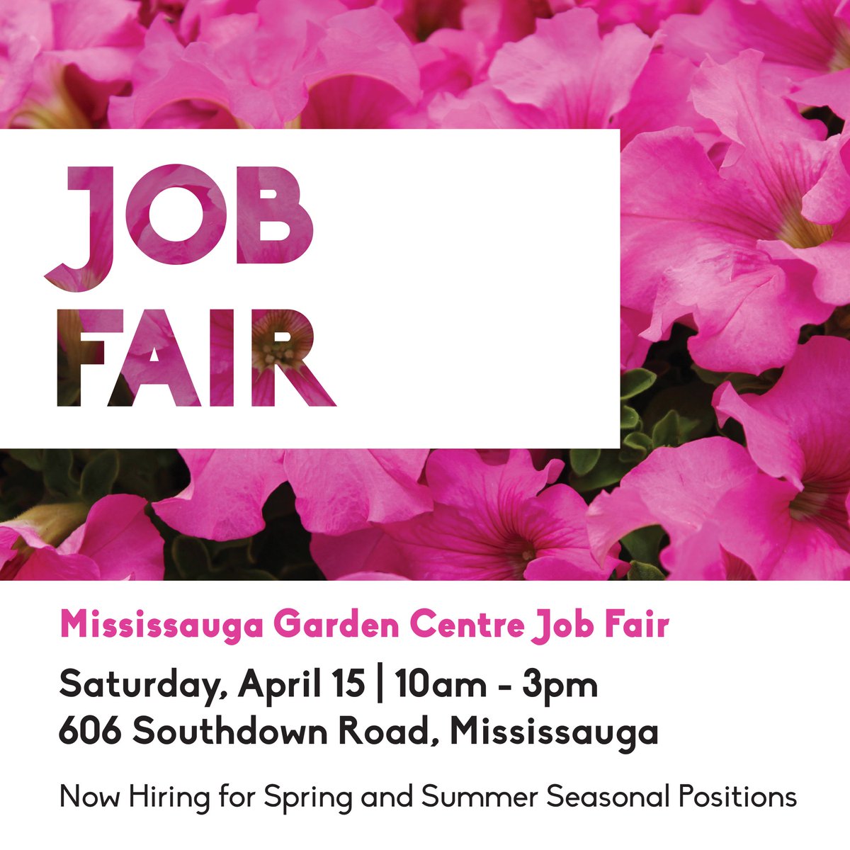 JOB FAIR this Saturday at our MISSISSAUGA GARDEN CENTRE! If you're looking for a summer job experience working with great people and plants, stop by to learn more about the roles available! We can't wait to meet you! 
#summerjobs #jobfair #neverstopgrowing #sheridannurseries