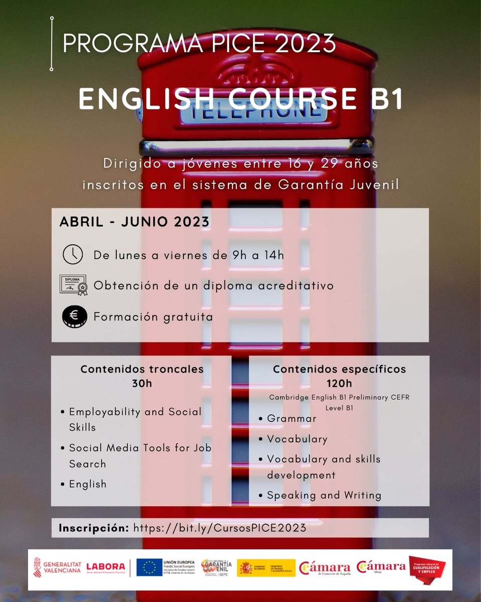 ¡Últimos días para inscribirte al English Course B1 del Programa PICE 2023 para jóvenes desempleados!

Regístrate ya en: bit.ly/CursosPICE2023

#programapice #garantiajuvenil #formacion #english #englishcourse