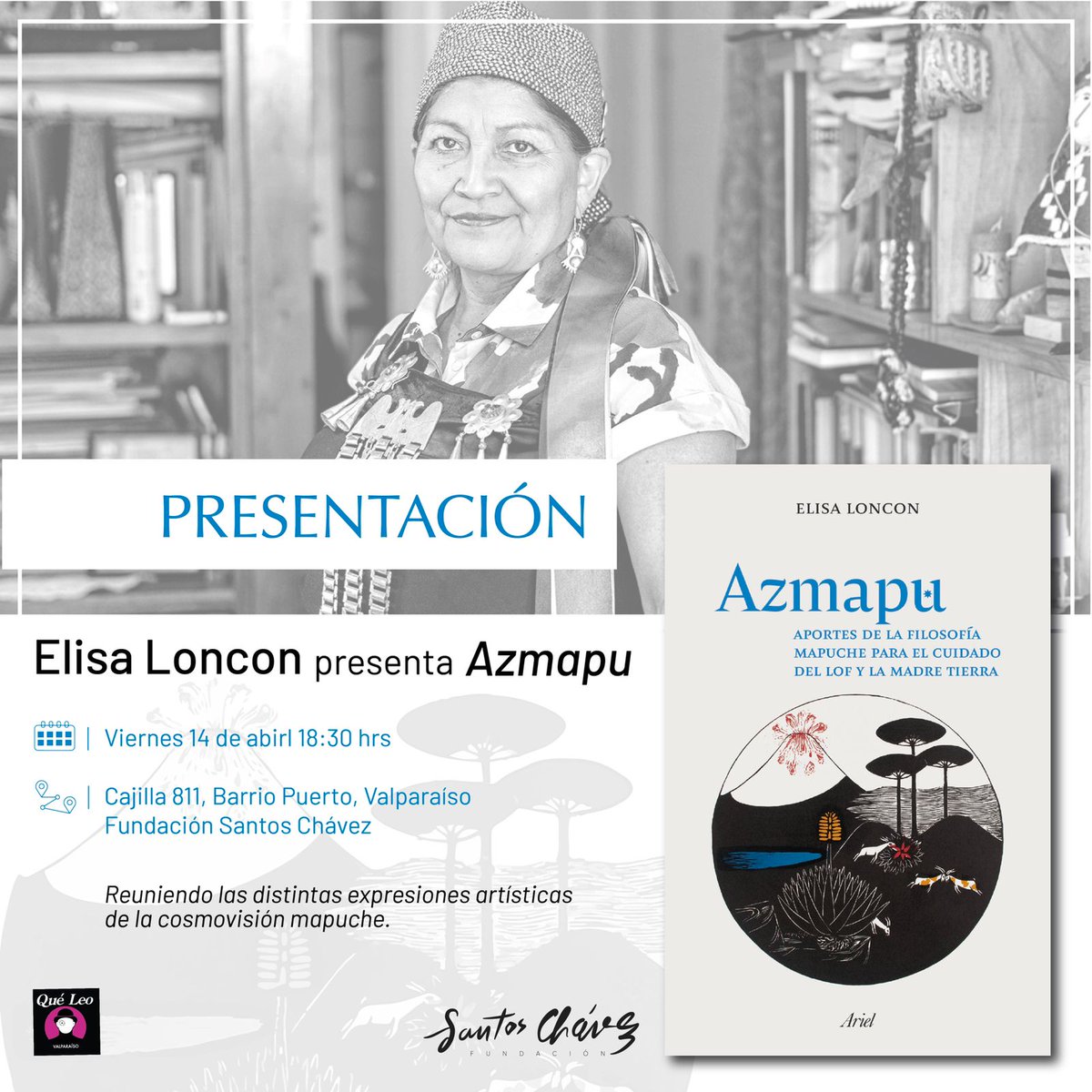 pcayuqueo's tweet photo. Mañana un imperdible en Valparaíso, en la bella casa azul de la Fundación Santos Chávez: @ElisaLoncon presenta su libro #Azmapu Nos vemos este viernes en el puerto 👍🏼 @culturasvalpo https://t.co/FbiDM12qQV