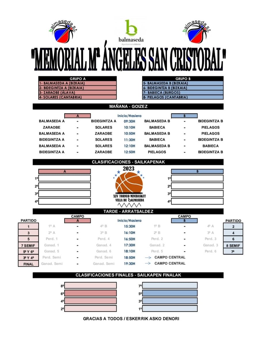 🗓️| CUADROS DEL TORNEO

Éstos son los horarios definitivos del Torneo Mini, que enfrentará a los equipos masculinos el Sábado, en el "Memorial Alberto Barcenilla" y a los femeninos el Domingo, en el "Memorial Mª Ángeles San Cristóbal".

¡Os esperamos a tod@s desde las 9:30!