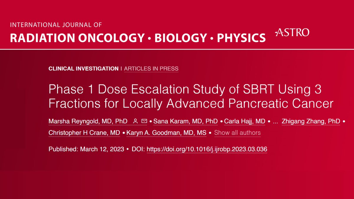 In our newest paper, we explored a 3-fraction regimen of stereotactic body radiotherapy (SBRT) for locally advanced pancreatic cancer. We found no dose-limiting toxicities & maintenance of patients' quality of life. Learn more: redjournal.org/article/S0360-…