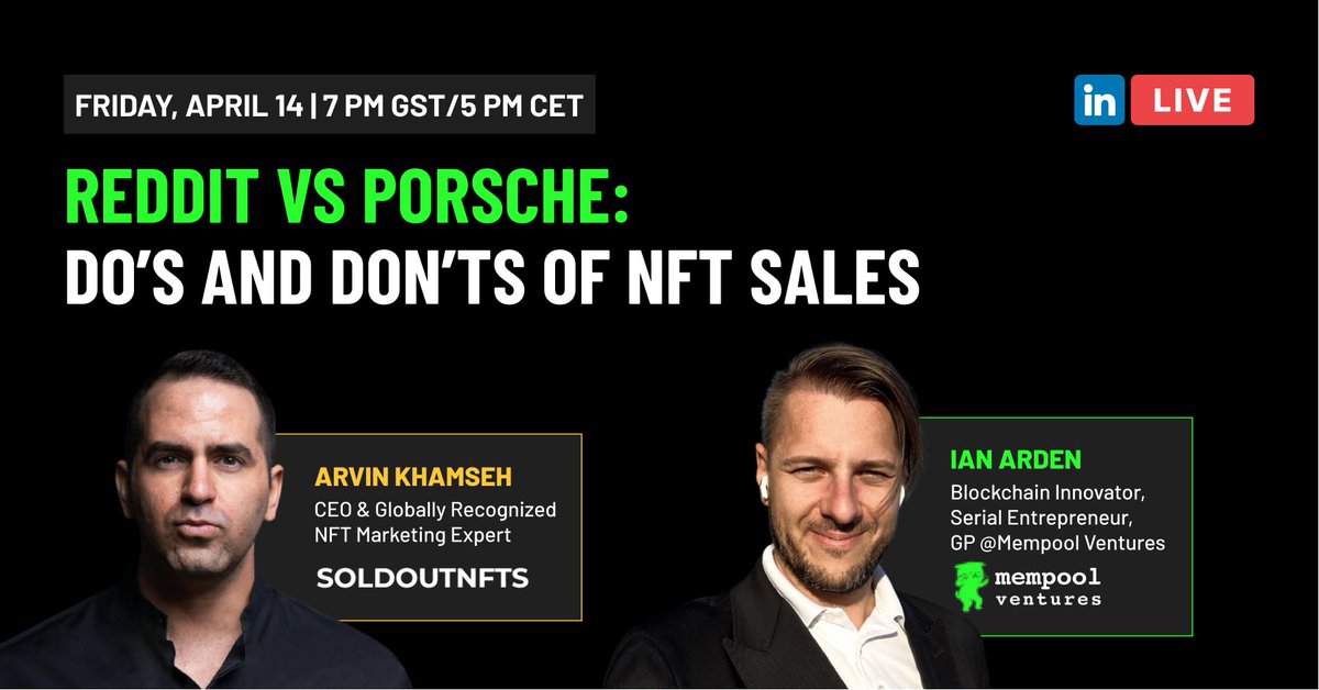 Howdy!
Join us for a live broadcast with Ian Arden, and Arvin Khamseh "Why one giant web2 company Porsche failed but another giant web2 company Reddit crushed it with NFT sales!"
Link ⬇️
linkedin.com/video/event/ur…