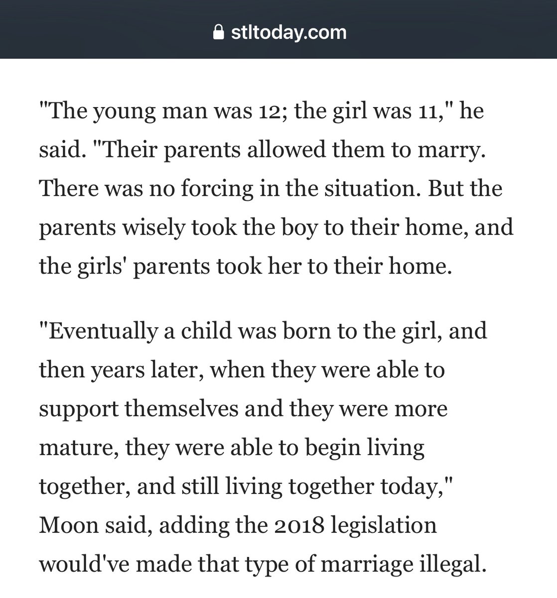 MoSenDems's tweet photo. BREAKING: Republican Senator Mike Moon seeks to clarify his endorsement of child brides after a clip went viral of him supporting 12 year olds getting married. 

In his clarification, Sen. Moon wants everyone to know the girl was 11, not 12, and she was impregnated. #moleg https://t.co/o1aFCeEdbc