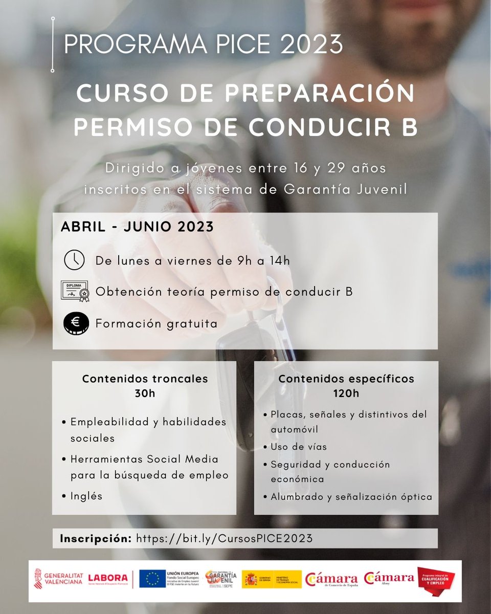 📢Si eres joven y estás desempleado, puedes beneficiarte del Programa PICE 2023 y obtener el permiso de conducir B.

👉Empezamos el próximo 17 de Abril.  Entra y regístrate ya en bit.ly/CursosPICE2023 

#ProgramaPICE #GarantiaJuvenil #formacion #jovenes #camaraalcoy