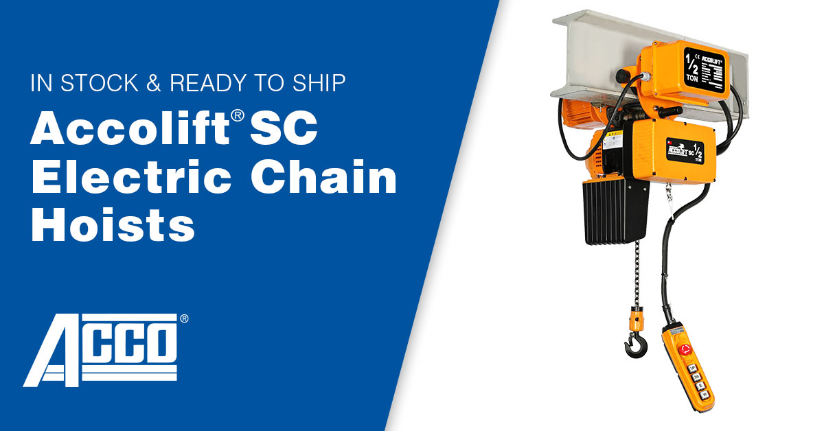 We offer a full line of electric chain hoists to meet your needs, including the Accolift SC with capacities from 1/8 to 1/2 ton, single, or VFD with stepless control, as well as some of the lowest weight and headroom in the industry. hubs.li/Q01Lp70Z0