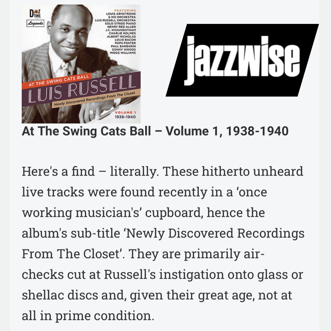 #Jazzwise 'RT @DotTimeRecords: Thanks to Jazzwise for featuring Luis Russell’s “At The Swing Cats Ball”!

jazzwise.com/reviews/review…

#attheswingcatsball #luisrussell #jazz #legends #dottimerecords #louisarmstrong #catherinerussell #jazzwise '