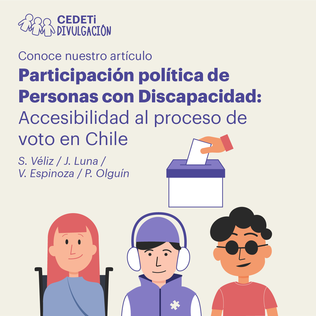 CEDETi_UC's tweet photo. 🗳 Ad portas de unas nuevas elecciones en nuestro país, ya tenemos resultados preliminares de nuestro “Estudio sobre accesibilidad al voto de personas con discapacidad”.
Revisa el artículo publicado de esta investigación, en el siguiente enlace: https://t.co/6KHIMCXvCa https://t.co/2VakVHeQPo