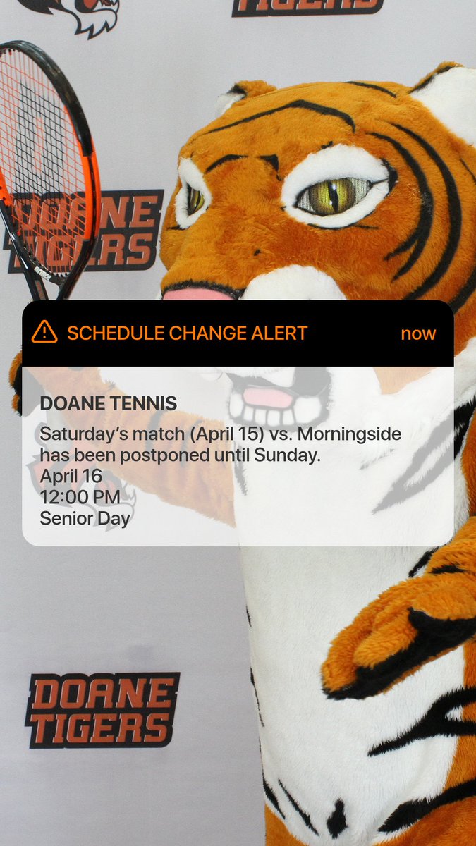 🚨 SCHEDULE CHANGE - <a href="/Doane_Tennis/">Doane Tennis</a> 

Saturday's men's and women's matches with Morningside have been pushed back a day and will be Sunday at noon. The Tigers will honor their Senior Class that day as well.