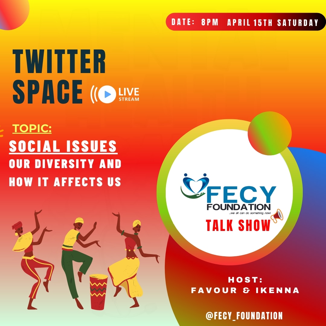 FECY_Foundaton's tweet image. The FECY TALK SHOW continues on 15th of April 2023 and we will talk about societal issues.

A link to the live show will be dropped 2hrs before the time.
#fecyfoundation #societalissues #twitterspace