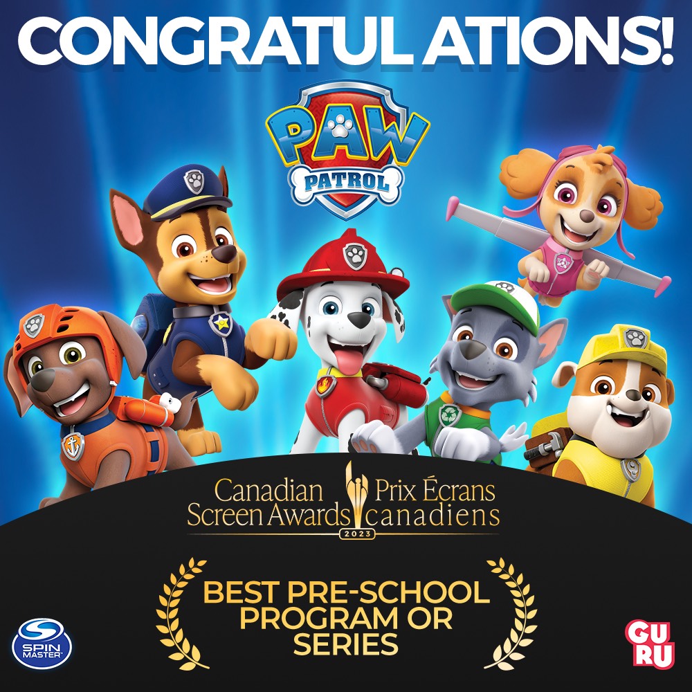 Yesterday at the #CdnScreenAwards @pawpatrol won for Best Pre-School Program! 🏆 A huge congratulations to the entire crew at Guru and to our partners @SpinMaster! 👏 @TheCdnAcademy