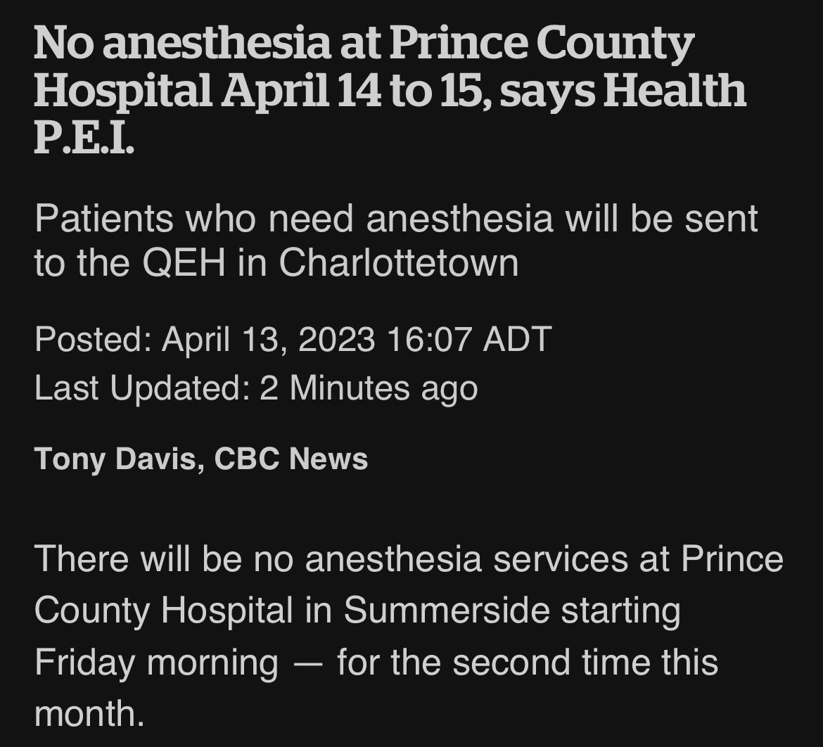 We managed a whole 2 days with two “fully functional” hospitals in our province. 

Even with that complement of anesthesiology, PCH still lacks an MRI suite, EEG services, and 24h surgical services, as well as other health programs.

 But yknow, vote blue 😬