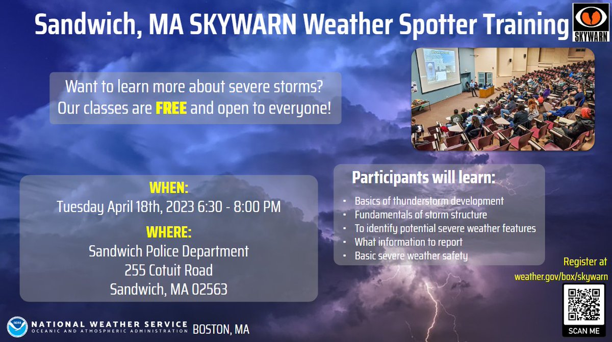 NWSBoston's tweet photo. NWS Boston is hosting 3 Skywarn Severe Weather classes next week! ⛈️ After that, on May 3rd, we will be hosting a class for the #deaf and hard of hearing🤟#ASL interpreters will be provided. Sign up or get on the waiting list! --> https://t.co/tMpYq02wOs https://t.co/LgvjRJk4pl