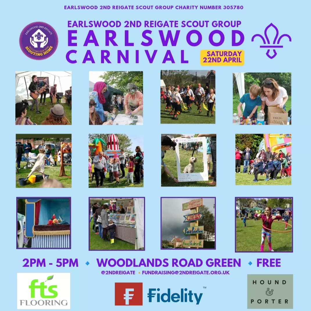 EARLSWOOD CARNIVAL is back!
📅 Saturday 22nd April
⌚ 2 - 5pm
📌 Woodlands Road Green, Redhill
💰 Free entry, but £ raised goes to <a href="/2ndReigate/">2nd Reigate Scouts</a>

Best Victoria Sponge Cake comp, Tug of War, Dog Show, lots of Independent Stalls, Punch &amp; Judy, Morris Dancers, Tombola, Beer Tent +more