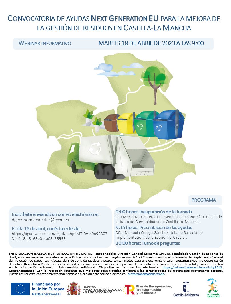 📣La Consejería <a href="/DSostenibleCLM/">Desarrollo Sostenible CLM</a> ha organizado un webinar para informar sobre estas ayudas para la mejora de gestión de #residuos #NextGenerationEU
🗓Martes 18 abril
⏰️9:00
📧Inscríbete: dgeconomiacircular@jccm.es
👇ℹ️