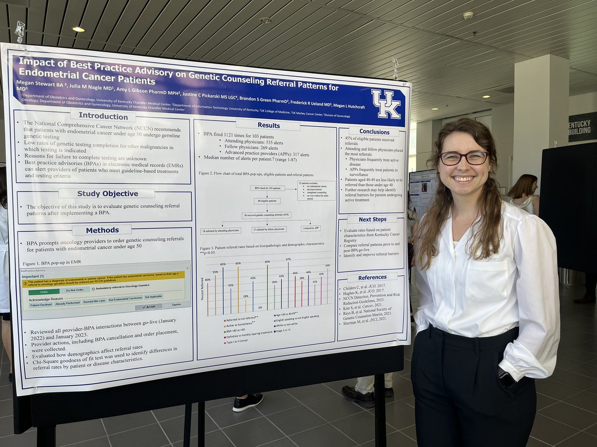 MeganLeigh127's tweet image. Today, at @UKYMedicine
Student Research Symposium Megan Stewart M3 is presenting how @UKMarkey is improving rates of #GeneticCounseling for patients with #EndometrialCancer 🧬 
Stay tuned for more of this work at #ASCO23! Proud to mentor these student physicians! #MedTwitter