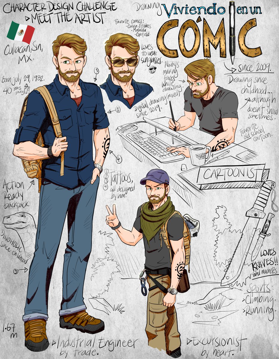 ViviendoN1Comic's tweet photo. I just want to draw, make people smile and live well.
#characterdesignchallenge #character #meettheartist #cdc #artist #sketch #drawing #viviendoenuncomic #cartoonist #excursionist #mexican #sunglasses #knives #industrialengineer #backpack #dinosaurs https://t.co/Gpi1yqtIoU