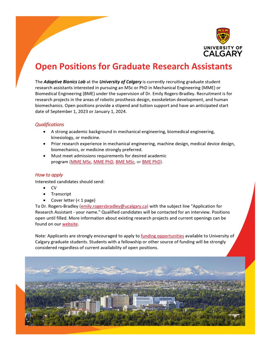 EmilyRogersBrad's tweet image. I am recruiting graduate research assistants to join the Adaptive Bionics Lab at @UCalgary. Research is in the areas of robotic prosthesis design, exoskeleton development, and human biomechanics. Anticipated start date is Sept 1 or Jan 1. Please share/RT!