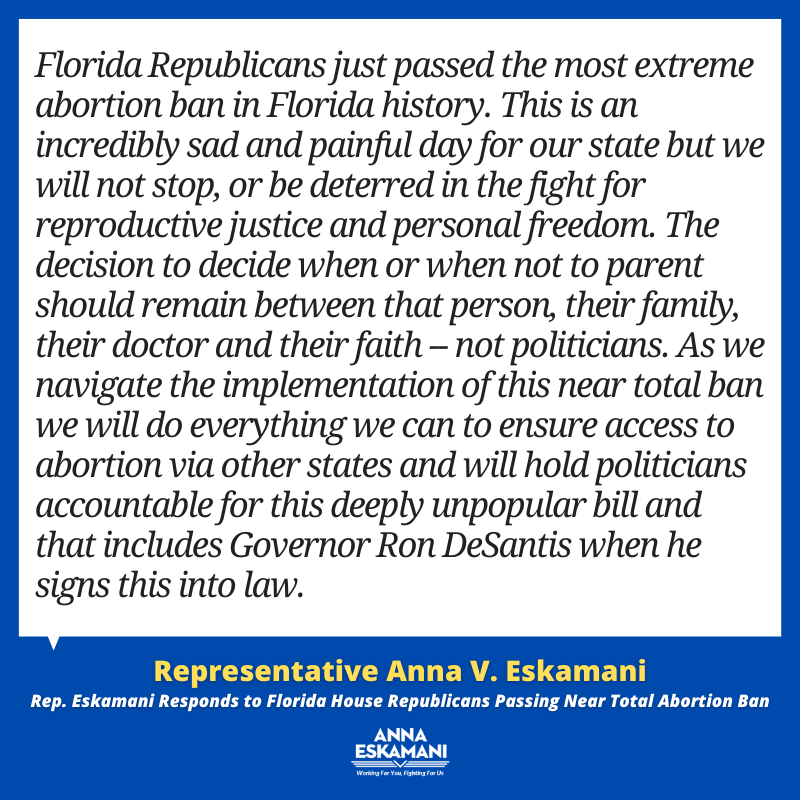 AnnaForFlorida's tweet photo. Florida Republican just passed the most extreme abortion ban in Florida history. This is an incredibly sad and painful day for our state but we will not stop, or be deterred in the fight for reproductive justice and personal freedom.
Our full statement: https://t.co/lMDNF5nM9o