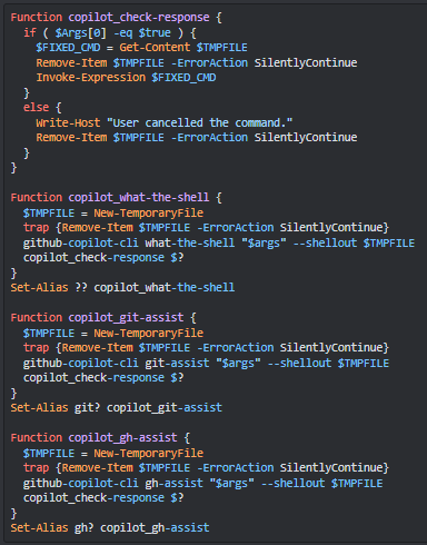 iNViTiON's tweet image. My #PowerShell #GithubCopilotCli alias approch porting from `github-copilot-cli alias` command and work exactly the same.