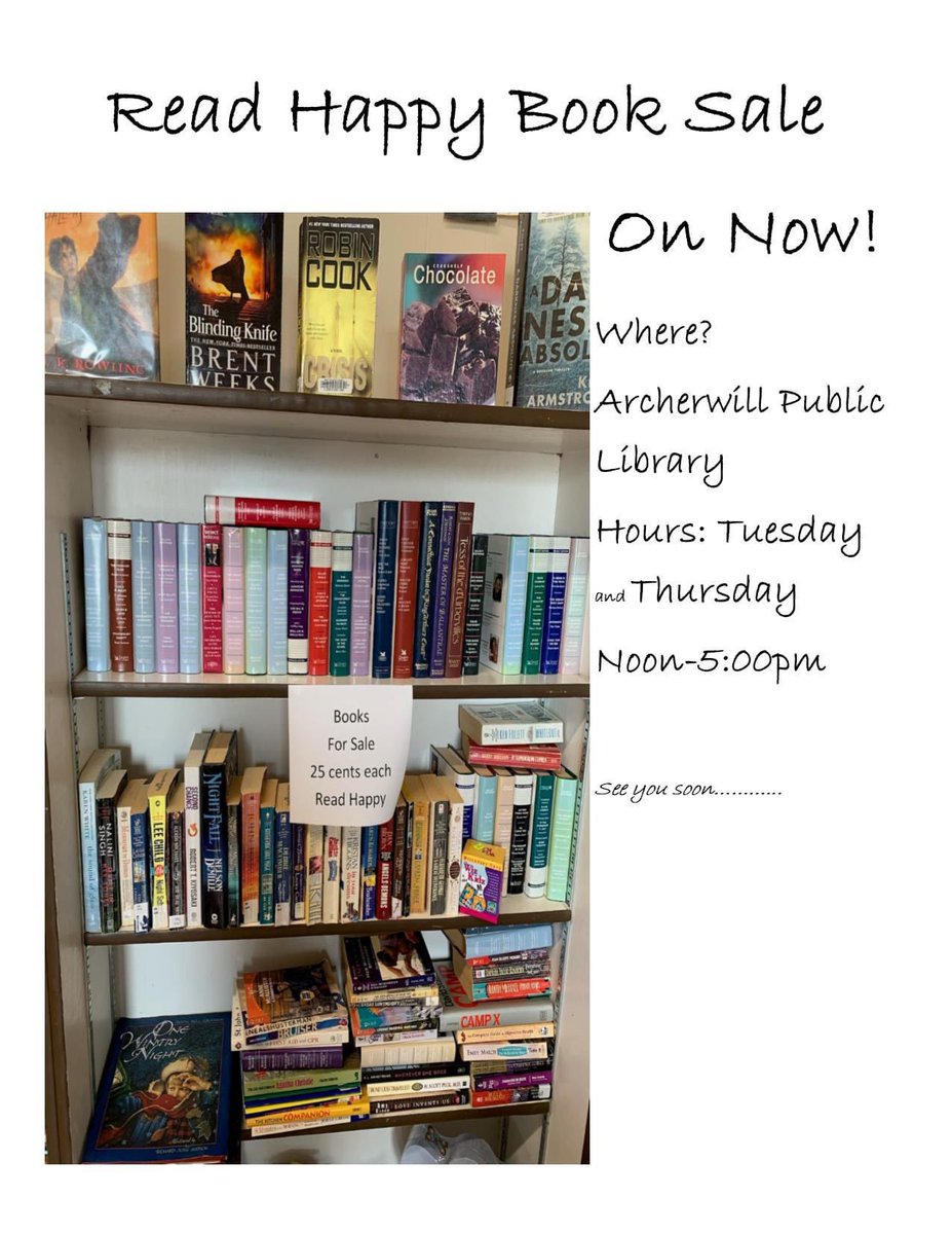 #BookSale 
#ArcherwillLibrary
#WapitiLibrary
#ArcherwillBranch
#SupportYourLocalLibrary 
#BookLove