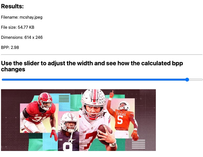 tkadlec's tweet image. If you're curious about how Chrome is calculating the entropy of an image in their new Largest Contentful Paint update (in v112), I threw together a quick little page where you can upload an image and see the bits per pixel as you adjust the size.

bpp-calculator.netlify.app