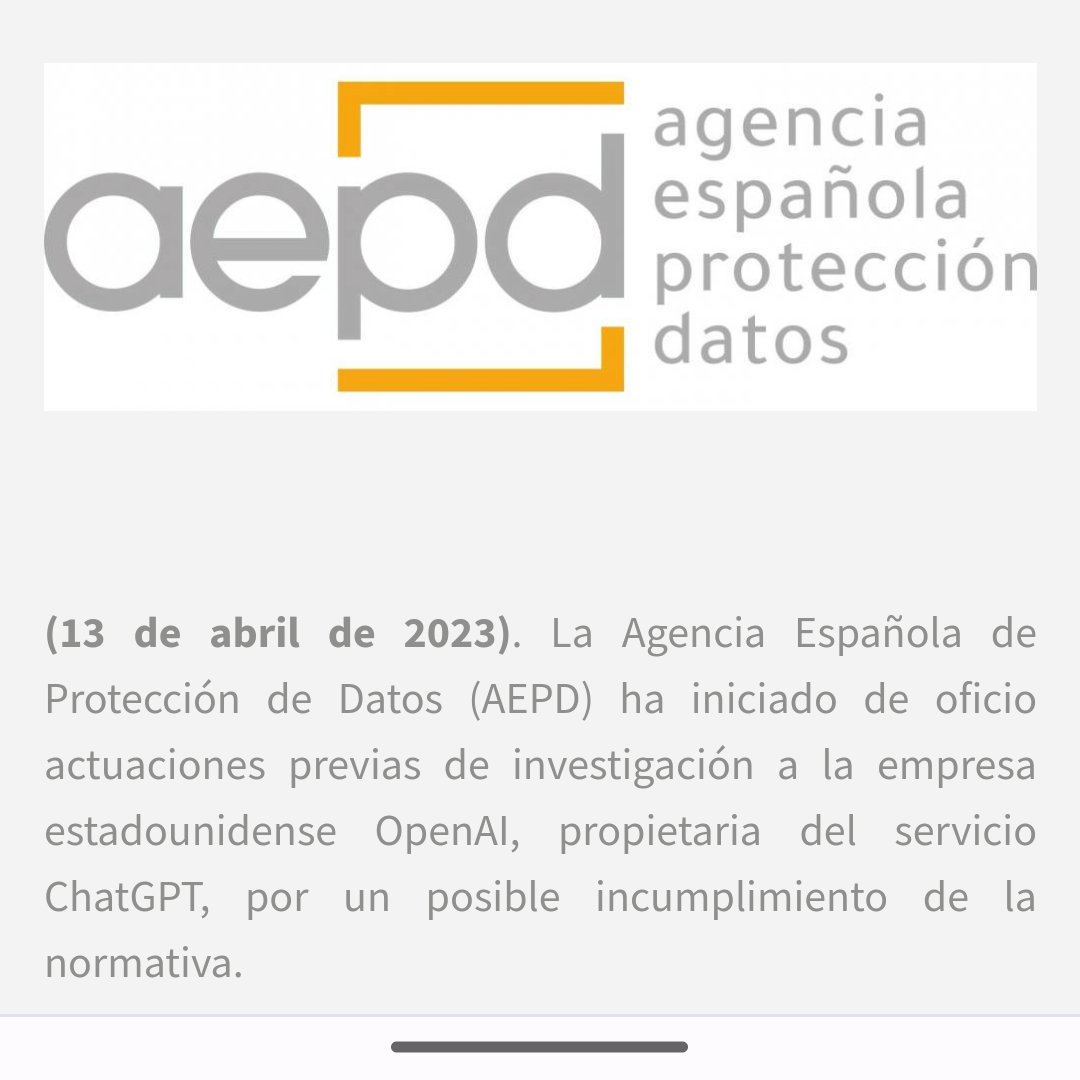 seostratega's tweet photo. Pues es oficial. La AEPD inicia un procedimiento de investigación a OpenAI para determinar si ChatGPT incumple la normativa de protección de datos europea. Abogan por actuar en coordinación con lo de se decida a nivel europeo. https://t.co/xHexybwgA0