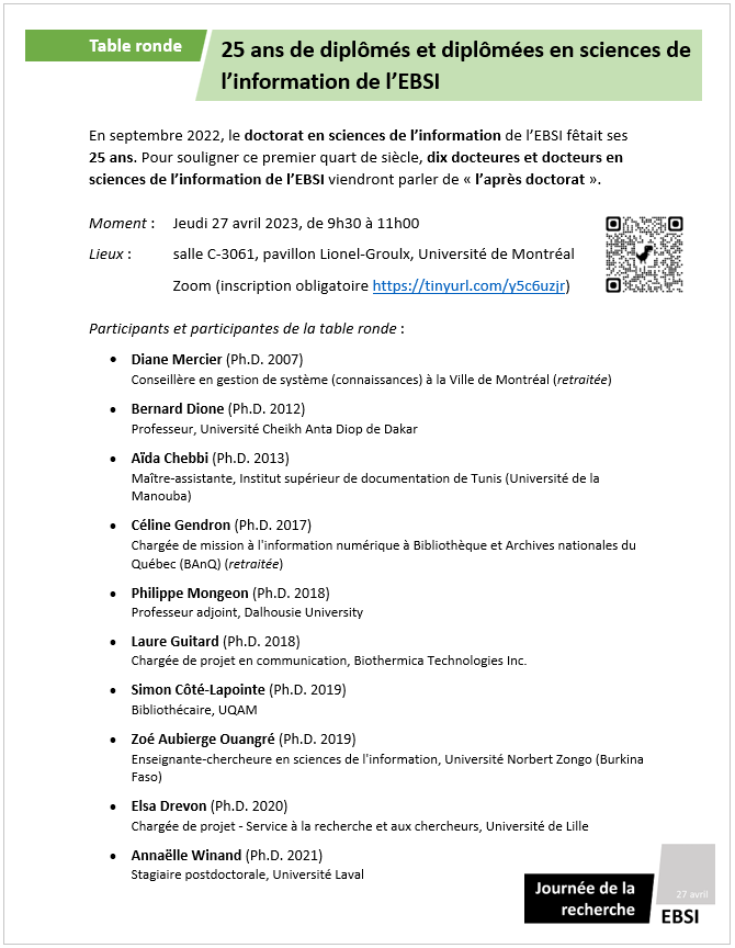 EBSI_umontreal's tweet photo. Découvrez ce qu'on peut faire avec un doctorat en sciences de l'information!
Quand? Jeudi 27 avril 2023, 9h30-11h00
Où? C-3061, pavillon Lionel-Groulx, UdeM et sur Zoom
Qui? Dix diplômé(e)s du doctorat de 2007 à 2021
https://t.co/SLZiRz5Lr2
#recherche #ebsi https://t.co/XgRnVzSTyc