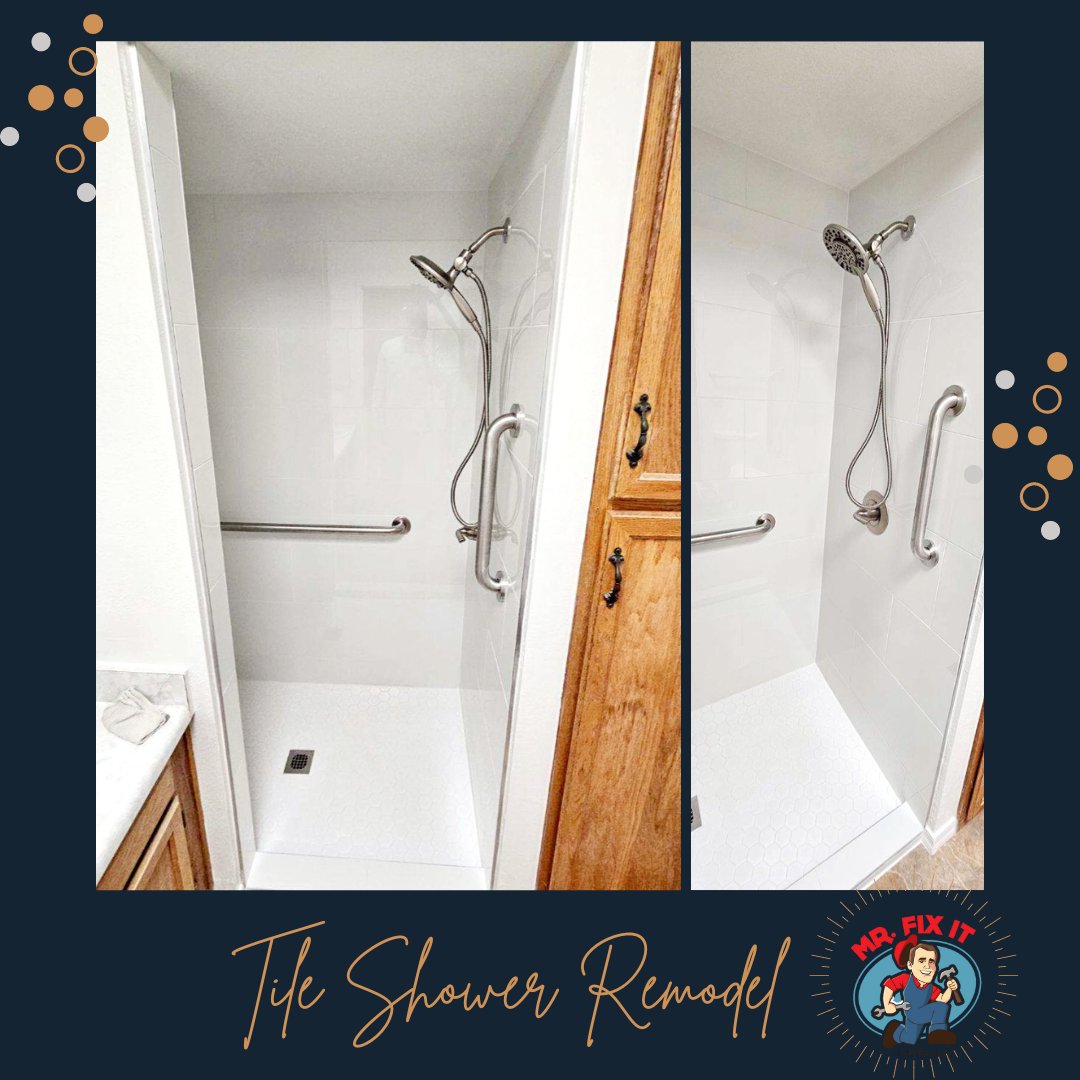 SVMrFixIt's tweet photo. Check out this recent all-white tile shower remodel we just completed!   Nothing like an all-white party in the shower! 
#mrfixitsv #showerremodel #Delta #tilework #generalcontractor #sierravistaaz #herefordaz #whiteparty https://t.co/9ALkfFOMC1