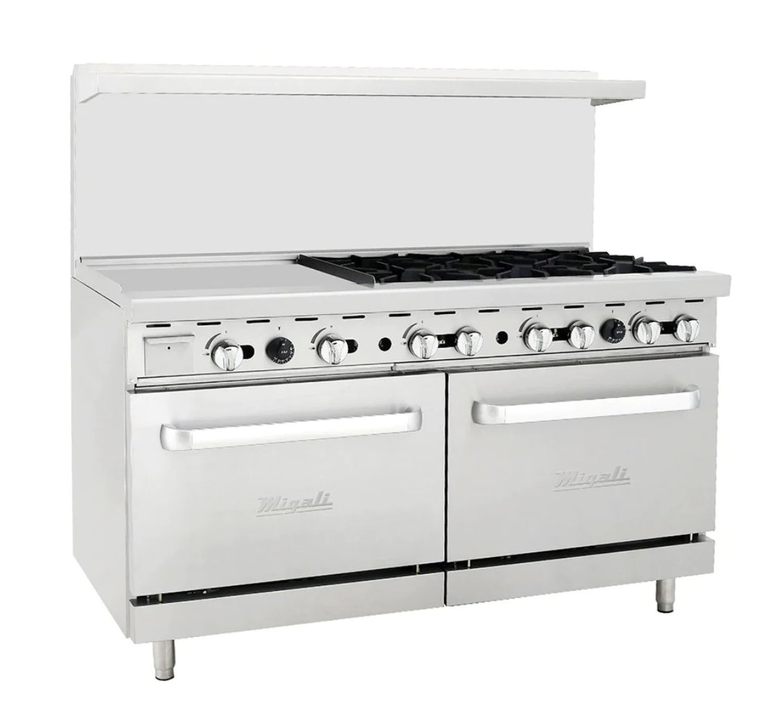 PizzaSolutions's tweet image. NE! Migali 60&quot; 6-burner Range w/ 24&quot; Griddle and 2 Ovens. Migali gas ranges feature High polished, stainless steel exteriors, chrome temperature knobs &amp;amp; oven handles, and heavy duty cast iron removable trivets. Visit pizzasolution.com today to learn more!