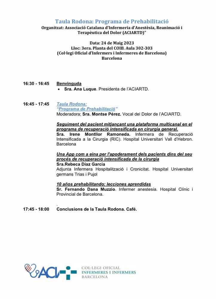 Us anunciem:
🗓️Dimecres 24 Maig: 16:00 h
Taula Rodona: "Programa de Prehabilitació"
Lloc: COIB <a href="/COIBarcelona/">Col·legi d'Infermeres i Infermers de BCN (COIB)</a>  Aula 302-303
Inscripció gratuïta - via mail: secretaria@aciartd.cat
No hi falteu!!📌💪<a href="/analuquegallar2/">Ana</a>