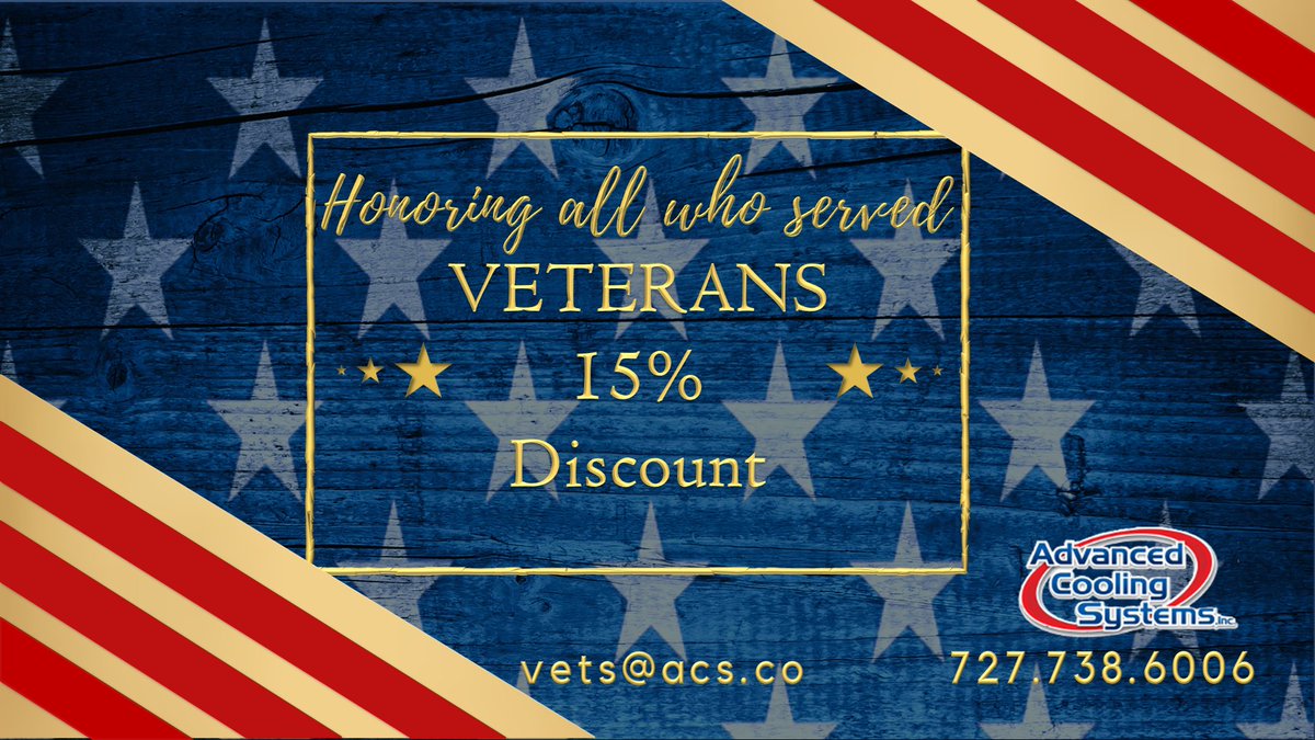 ACSCoolingCo's tweet image. We love and support our veterans and appreciate everything you all have done for us and our country. Don't forget to mention our veterans discount and received 15% off any repairs or services.
CALL US! 727-738-6006
TEXT US! 727-513-5119
EMAIL US! info@acs.co or vets@acs.co