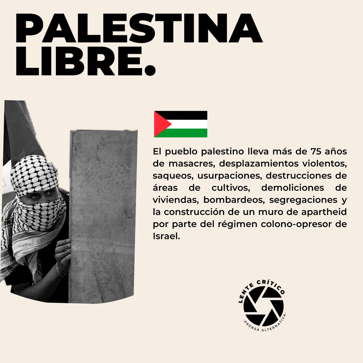 CriticoLente's tweet photo. Siempre solidario con este pueblo indoblegable por su causa justa.
La barbarie terrorista y colonizadora del sionismo israelí debe parar su política de exterminio y usurpación.
Por el derecho irrenunciable a vivir en su hogar y el retorno a su tierra, VIVA PALESTINA LIBRE. 🇵🇸 https://t.co/D414tU6wKo