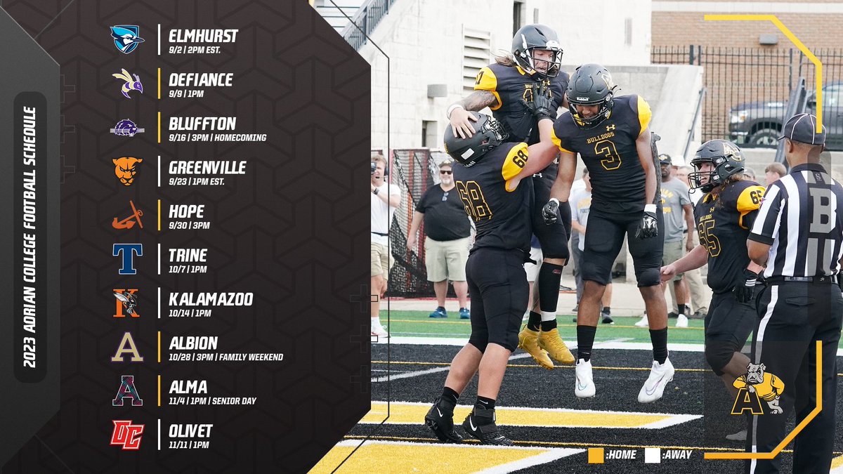 The Adrian College Athletic Department announced the 2023 <a href="/AdrianCollegeFB/">Adrian College Football</a> schedule slated to begin on September 2 on the road

📰bit.ly/3KVagHA

#d3fb #d3football #GDTBAB