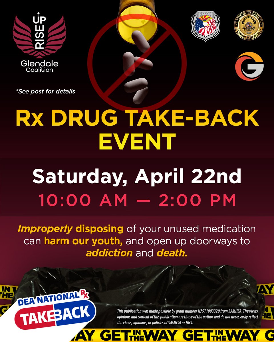We're hosting another DEA National Prescription Drug Take Back Day on Saturday, April 22 from 10:00 AM—2:00 PM!

#DEANationalRxDrugTakeBackDay #RiseUpGlendale #RiseUpAZ #GlendaleAZ #Prevention #Parents #OpioidOverdose #Narcan #ReverseAnOverdose #OD #Addiction #Help #Pills