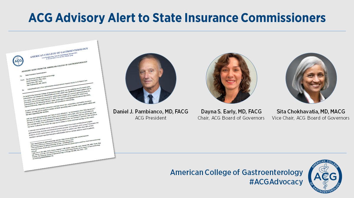 AmCollegeGastro's tweet image. 🚨President @Danielpambianco &amp;amp; ACG Governors send Advisory Alert to State Insurance Commissioners urging review of and hearings on @UHC 's forthcoming prior authorization changes impacting #gastroenterology procedures
 
➡️Read: gi.org/2023/04/13/acg…

#FixPriorAuth #ACGadvocacy